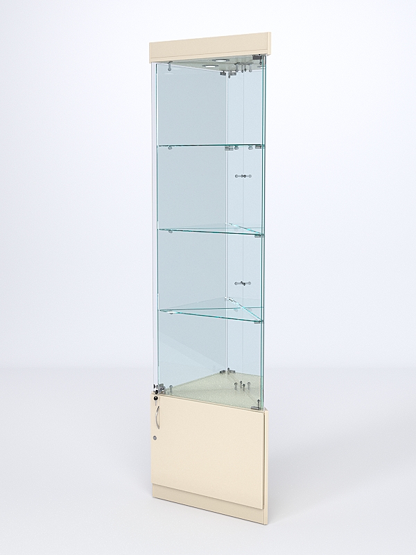 Витрина стеклянная "ИСТРА" угловая №3-У трехгранная (с дверками, бока - зеркало) Крем Вайс