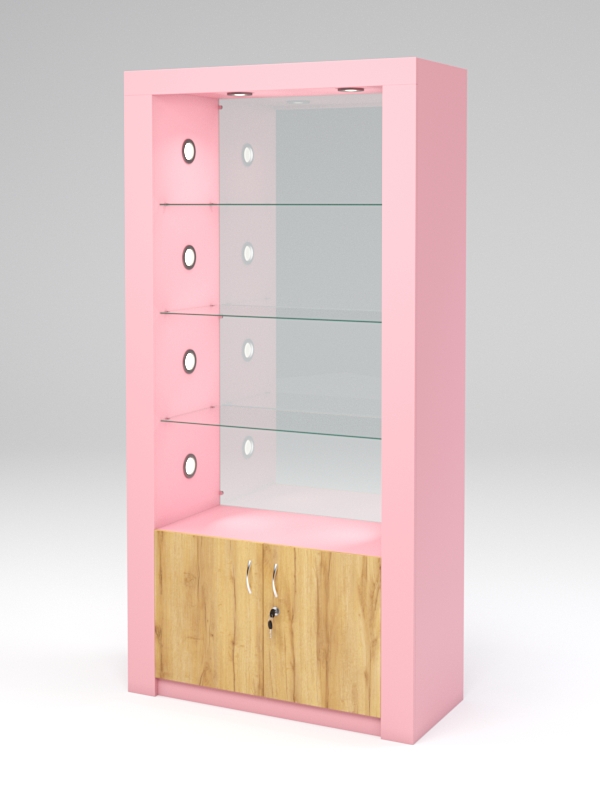 Стеллаж "АФРОДИТА" №3-5 (задняя стенка - стекло) Фламинго розовый и Дуб Золотистый