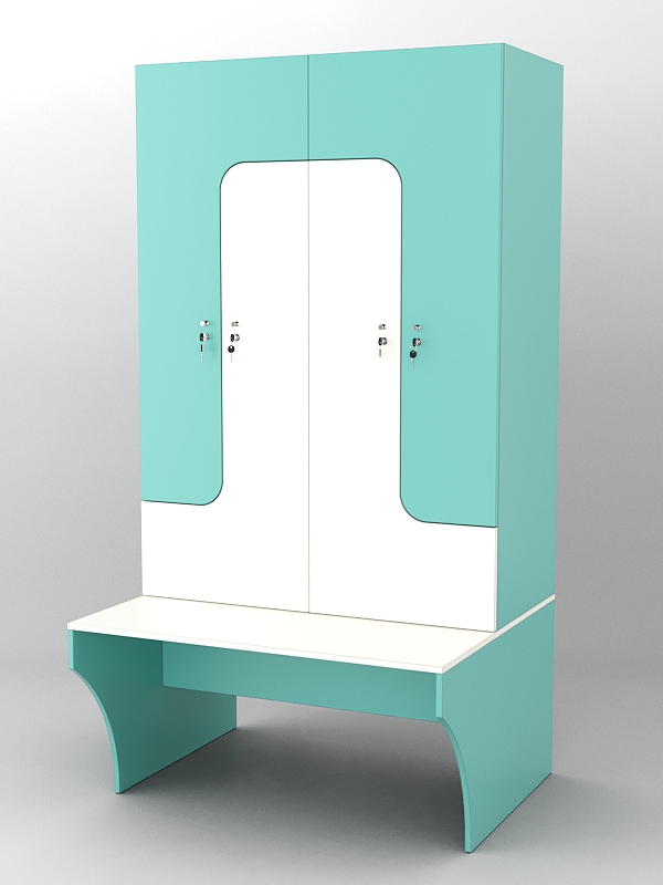 Комплект шкафов для раздевалок со скамейкой "ТРЕНЕР" №1 Тиффани Аква и Белый