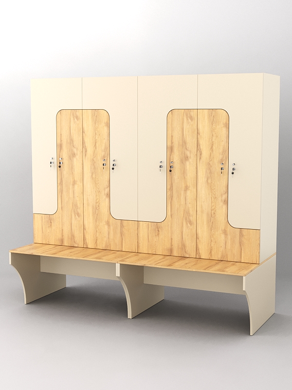 Комплект шкафов для раздевалок со скамейкой "ТРЕНЕР" №2 Крем Вайс и Дуб Золотистый