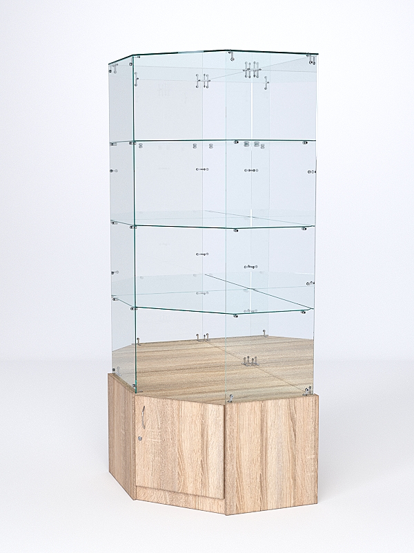 Витрина стеклянная "ИСТРА" угловая №116 пятигранная (без дверки, задние стенки - зеркало) Дуб Сонома
