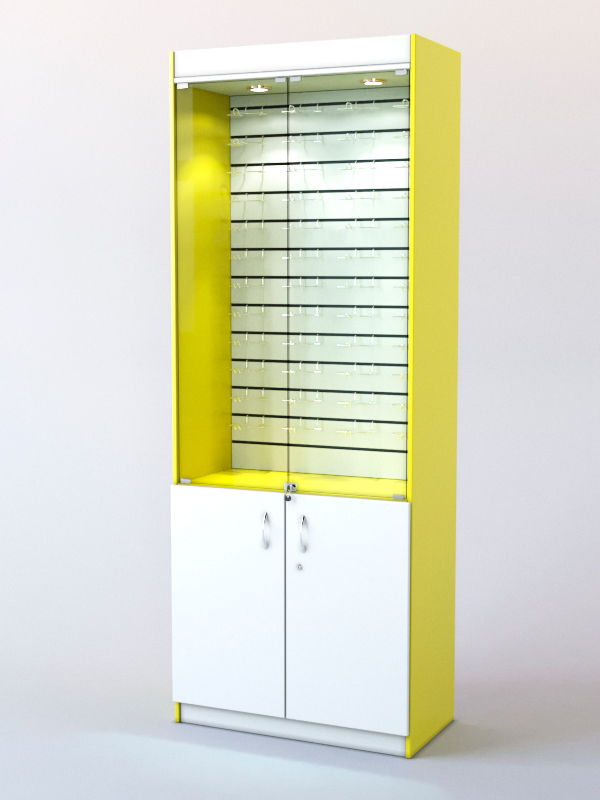 Витрина для очков №7 с дверками (задняя стенка - экономпанель) Цитрусовый желтый + Белый