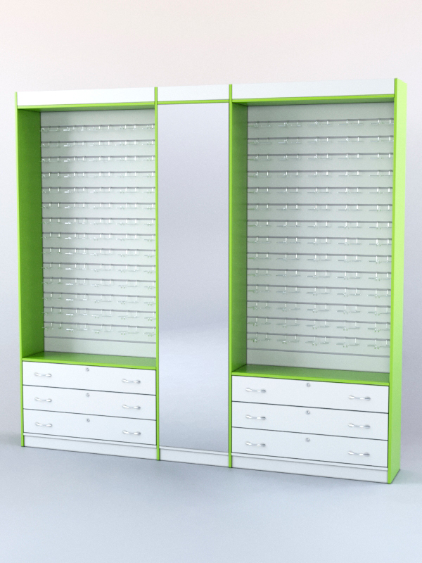 Комплект витрин и шкафов-накопителей с зеркалом №4 Белый и Лайм